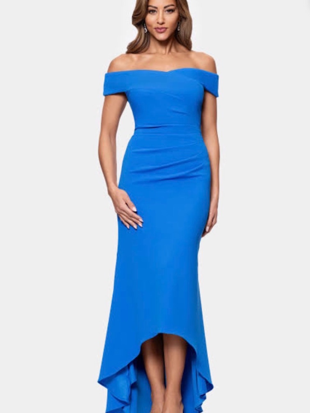 Xscape Off-Shoulder Royal Blue High-Low Evening Dress